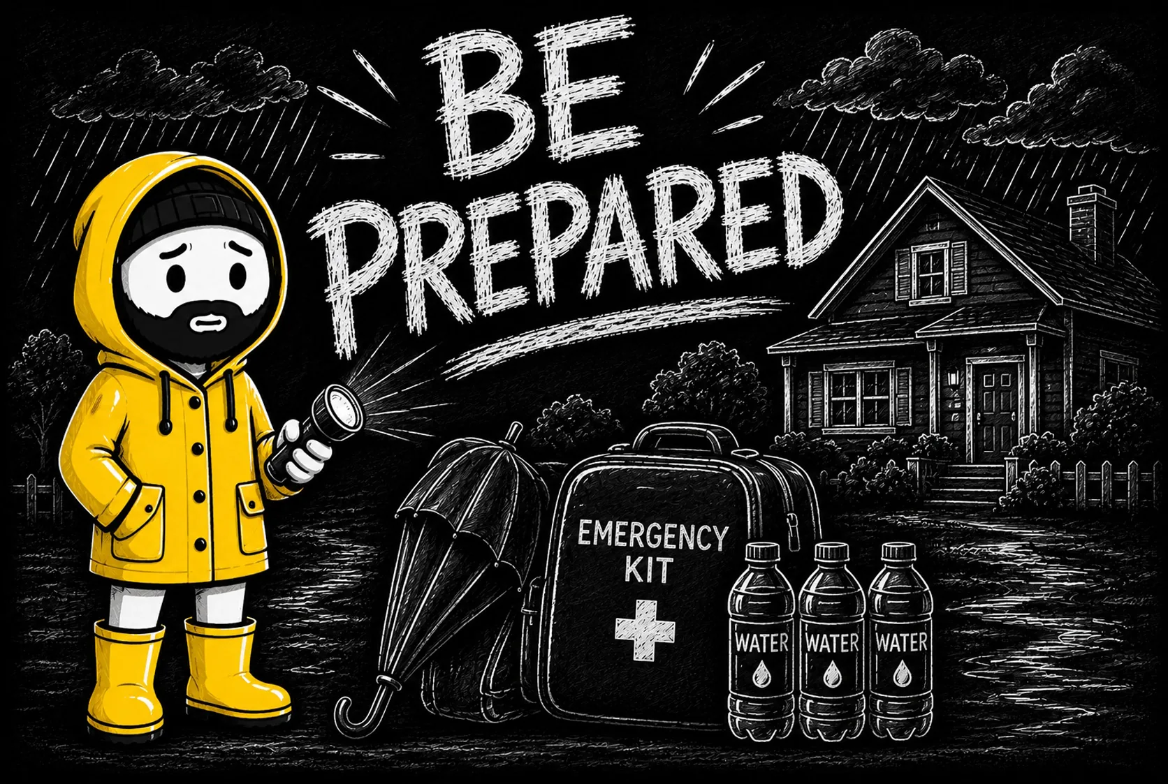 Chalkboard illustration of El Niño prep essentials: an emergency kit, water bottles, an umbrella and a flashlight in front of a house