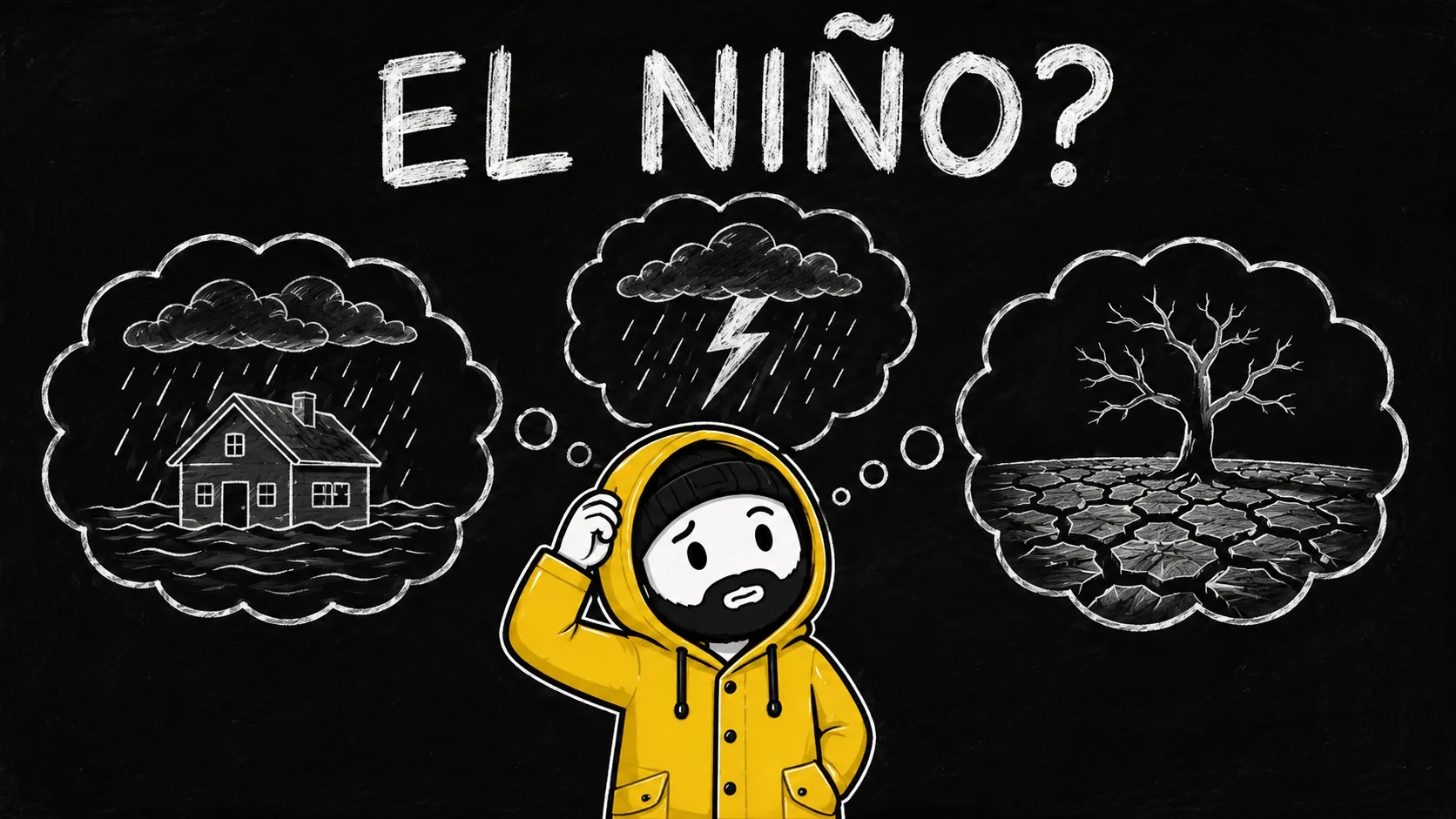 Chalkboard illustration of El Niño impacts: a flooded house, heavy storms, and drought