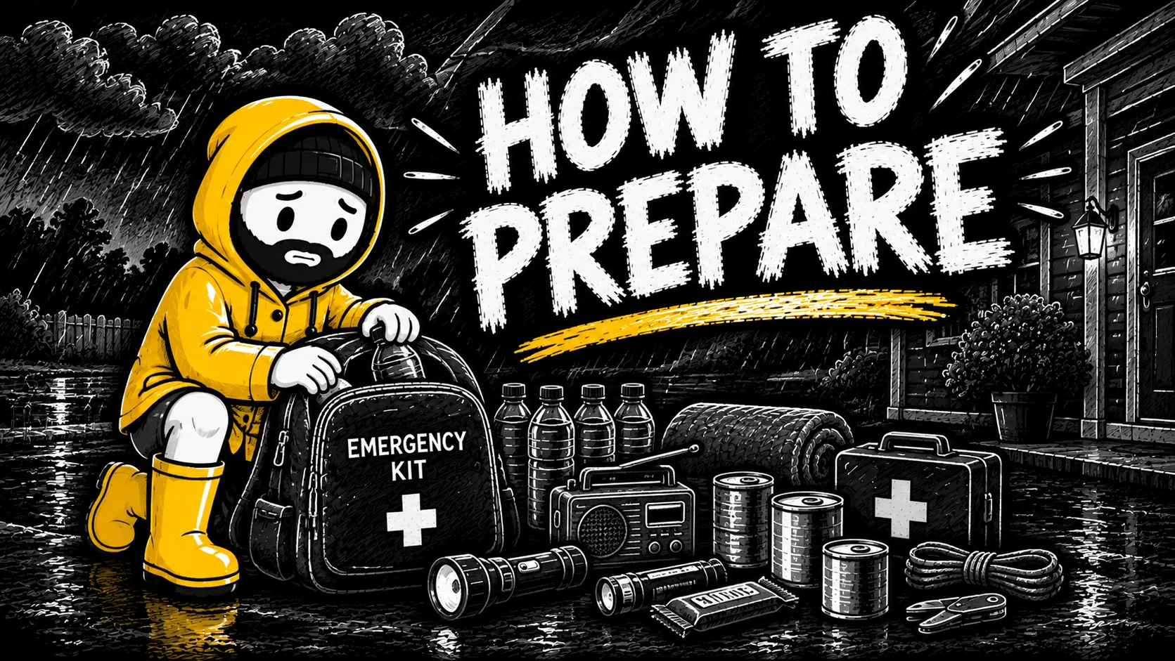 Chalkboard illustration of the El Niño mascot in a rain slicker packing an emergency kit with water, a radio, flashlights and first-aid supplies, under the words How to Prepare